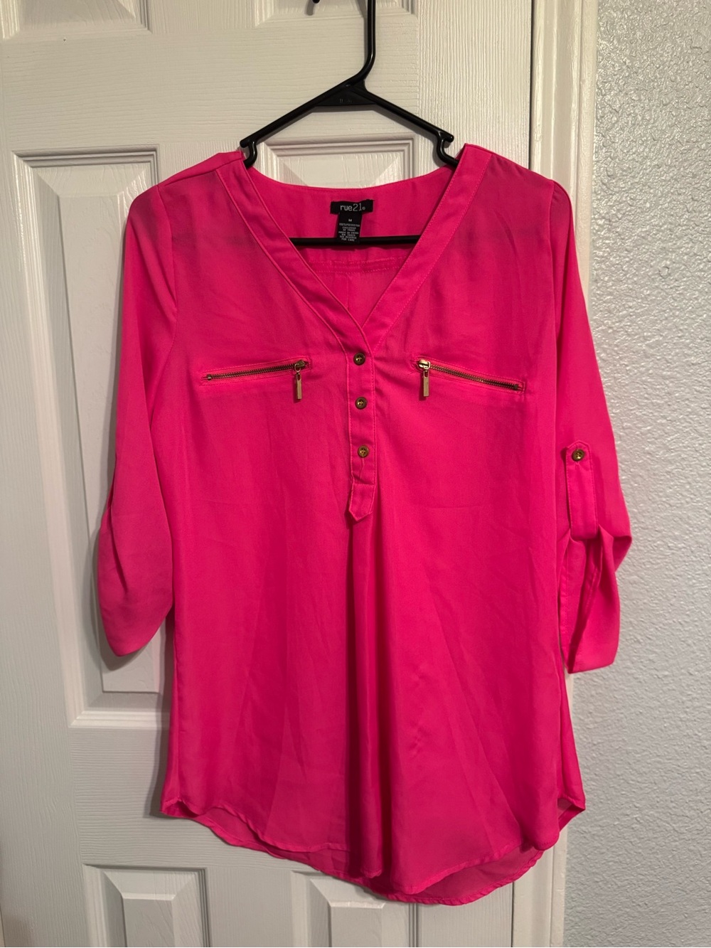 ROE Bright Pink V-Neck Blouse with Zip Accents